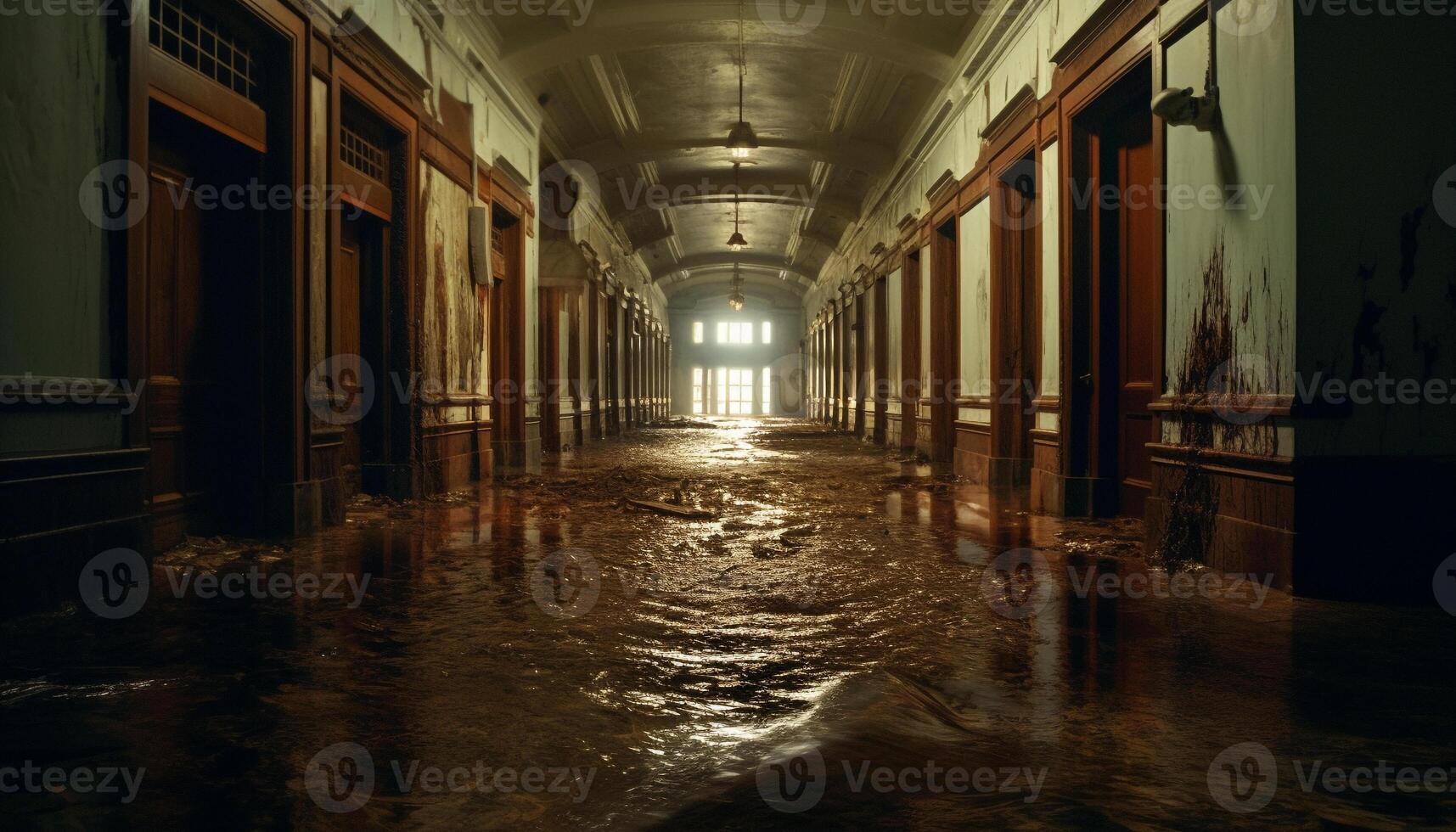 ai generado escalofriante corredor, antiguo y abandonado, mojado y oscuro generado por ai foto