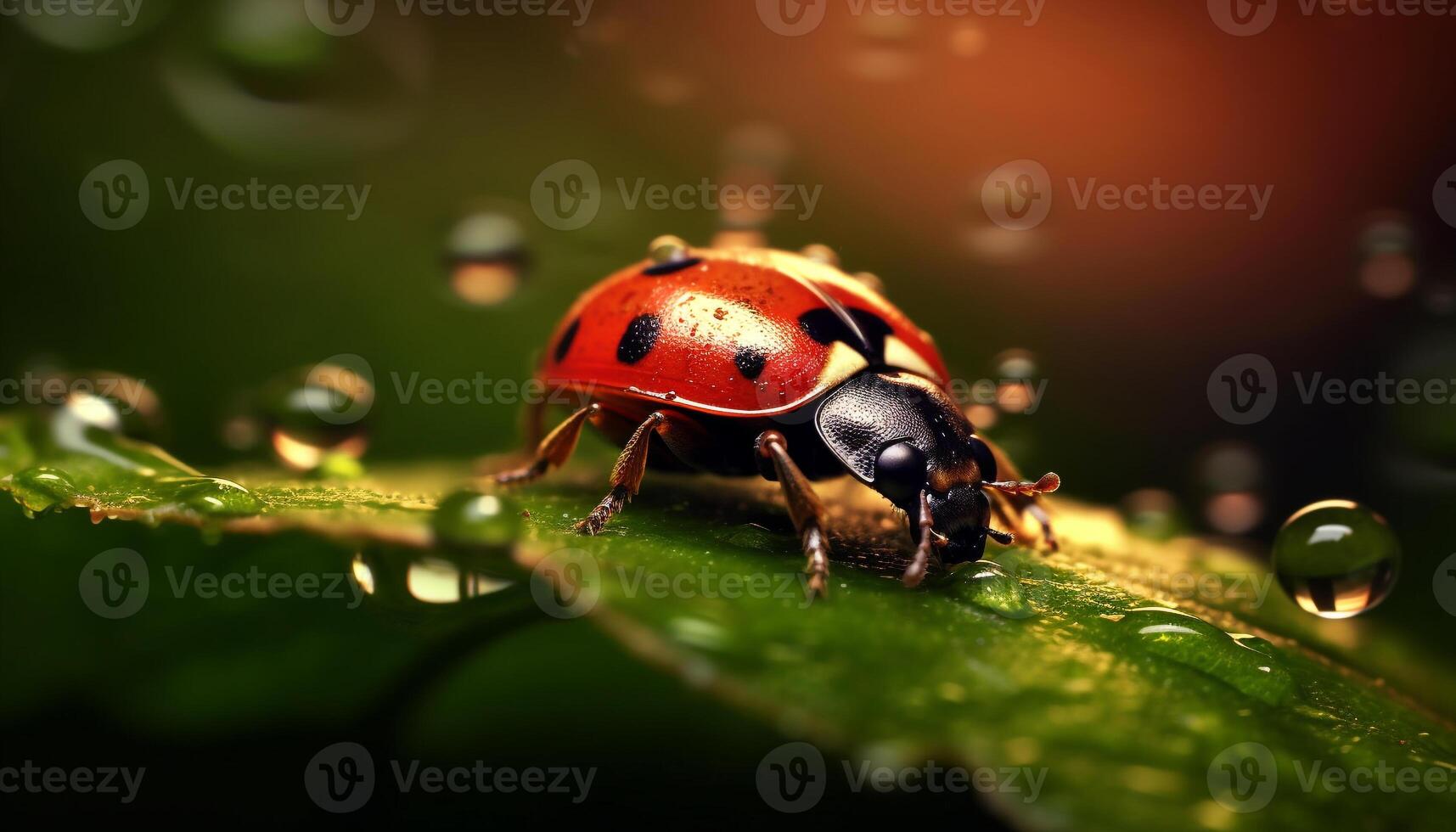 AI generated Ladybug crawling on green leaf in the meadow generated by AI photo