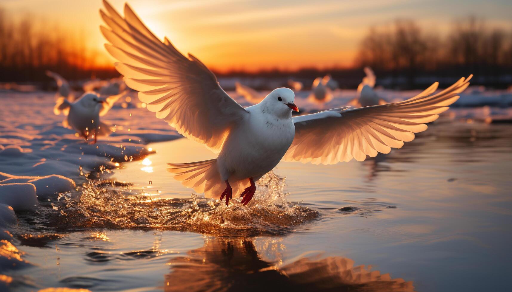 ai generado Gaviota volador libremente en el tranquilo puesta de sol cielo generado por ai foto