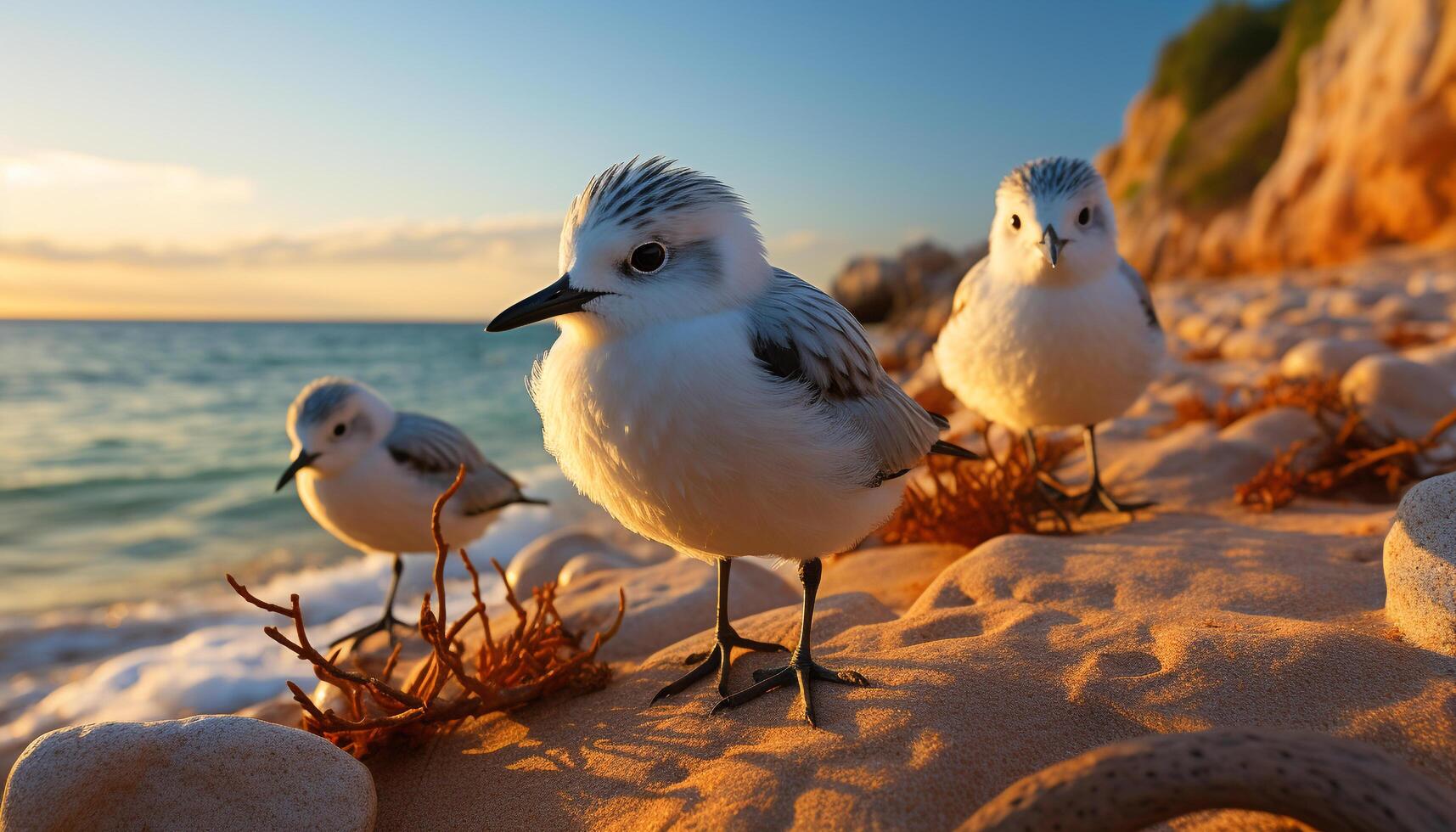 AI generated Seagull flying over the coastline at sunset generated by AI photo