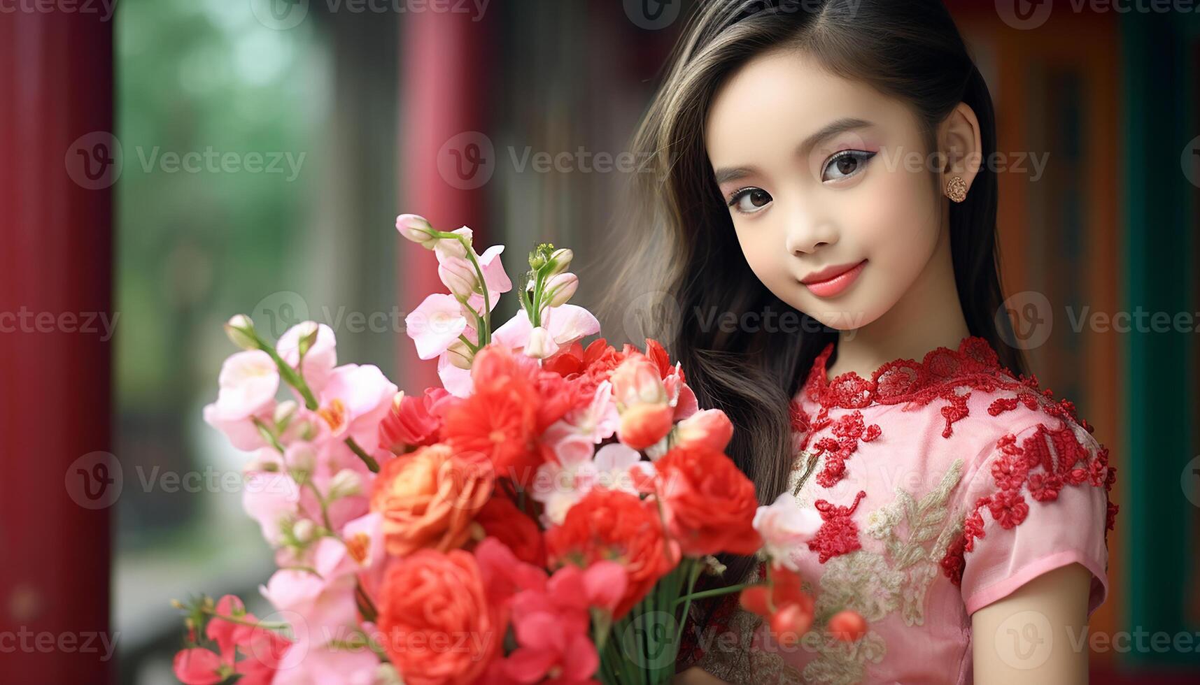 AI generated A cheerful girl holding a flower, smiling with elegance and beauty generated by AI photo