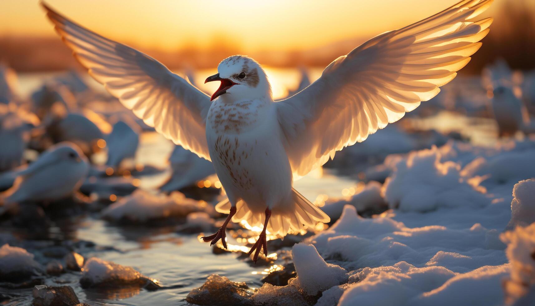 AI generated Seagull flying in sunset, spreading wings in freedom generated by AI photo