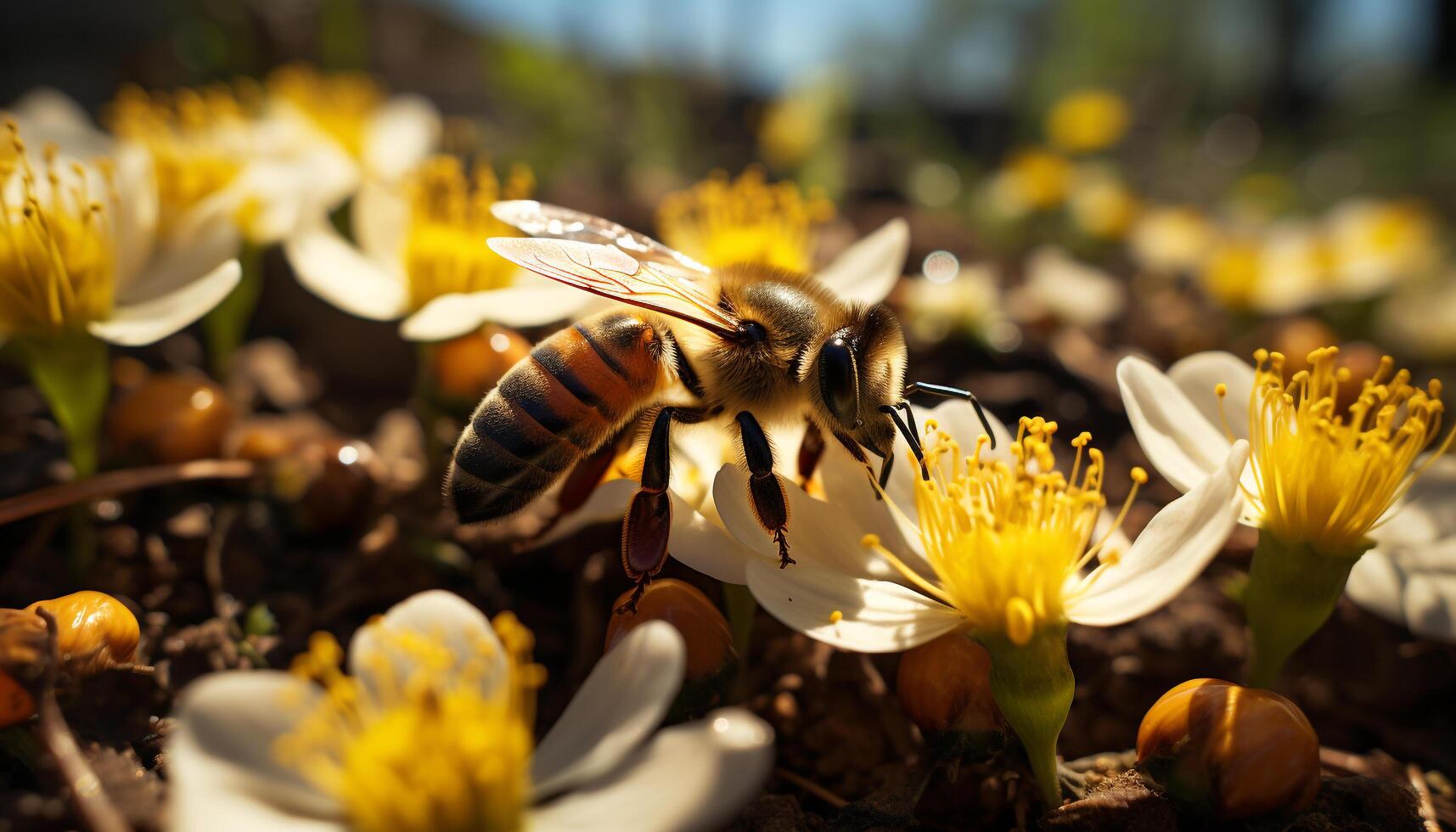 AI generated Bee pollinates yellow flower, nature beauty in action generated by AI photo