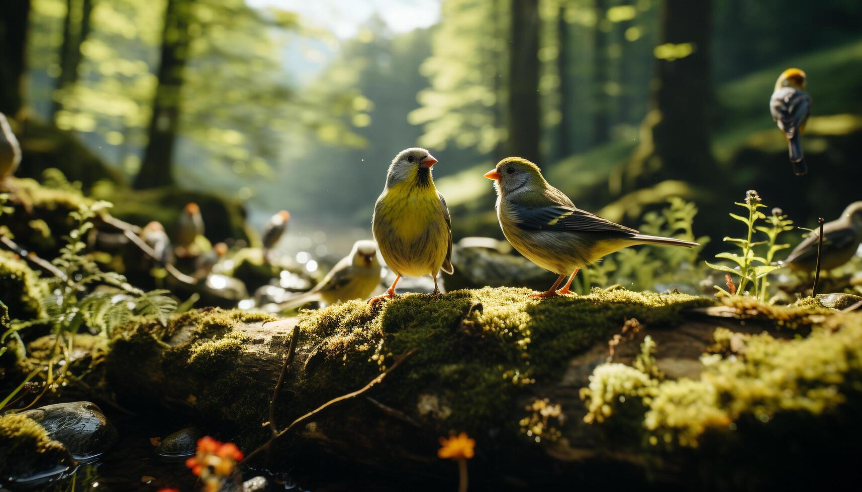 AI generated Bird perching on branch, surrounded by colorful forest generated by AI photo