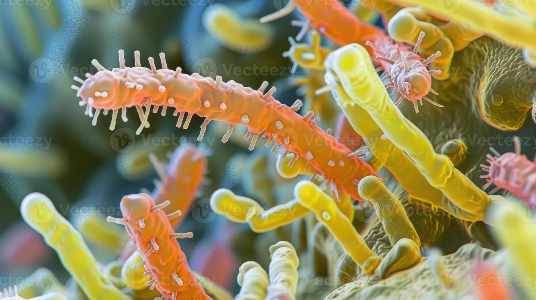 ai generado macro imagen muestra pequeño bacterias con Delgado célula paredes y lineal acuerdo, ai generado. foto