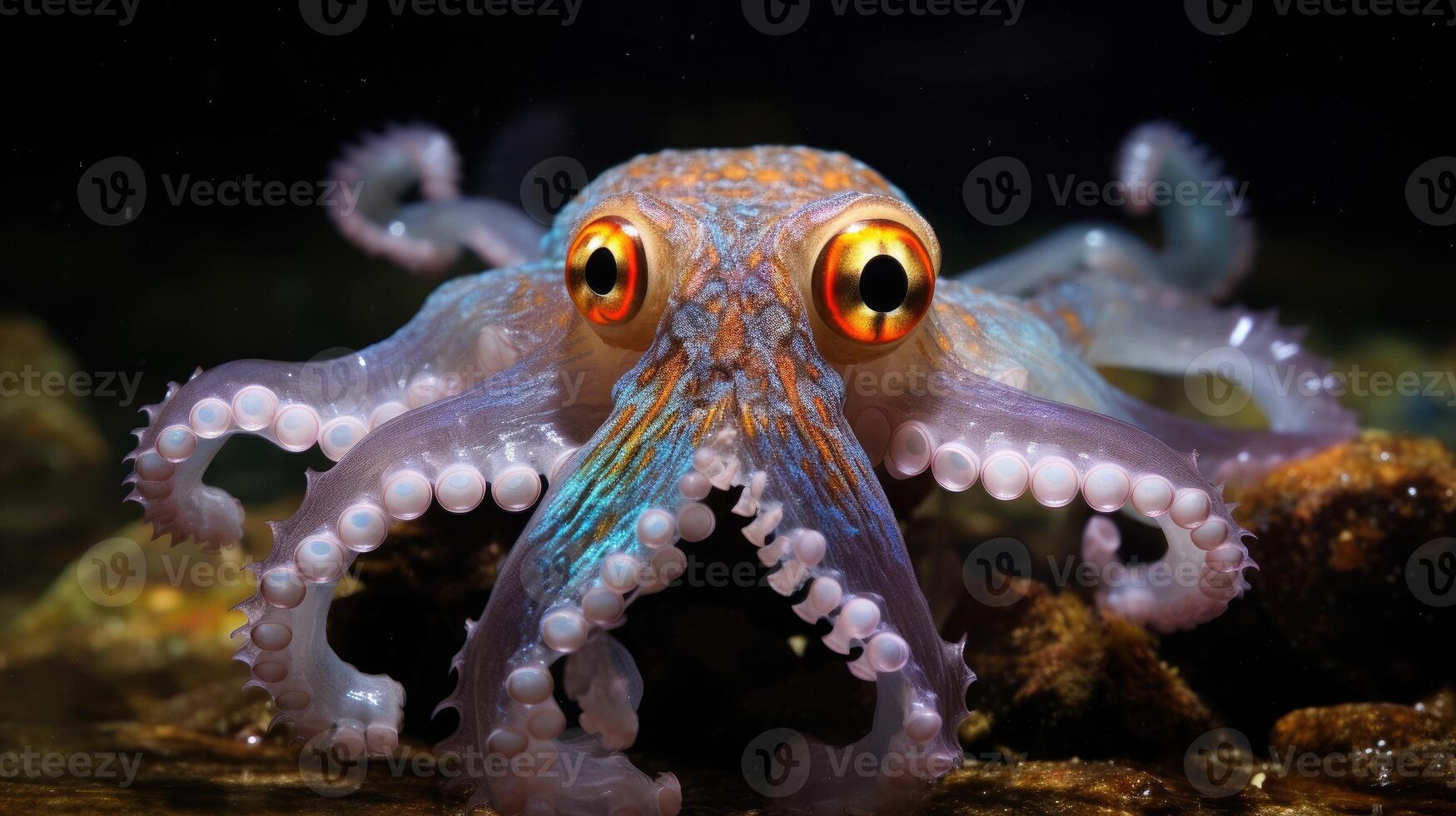 ai generado pulpo con ojos dos veces como grande, adornado en arco iris colores en ambos lados, ai generado. foto