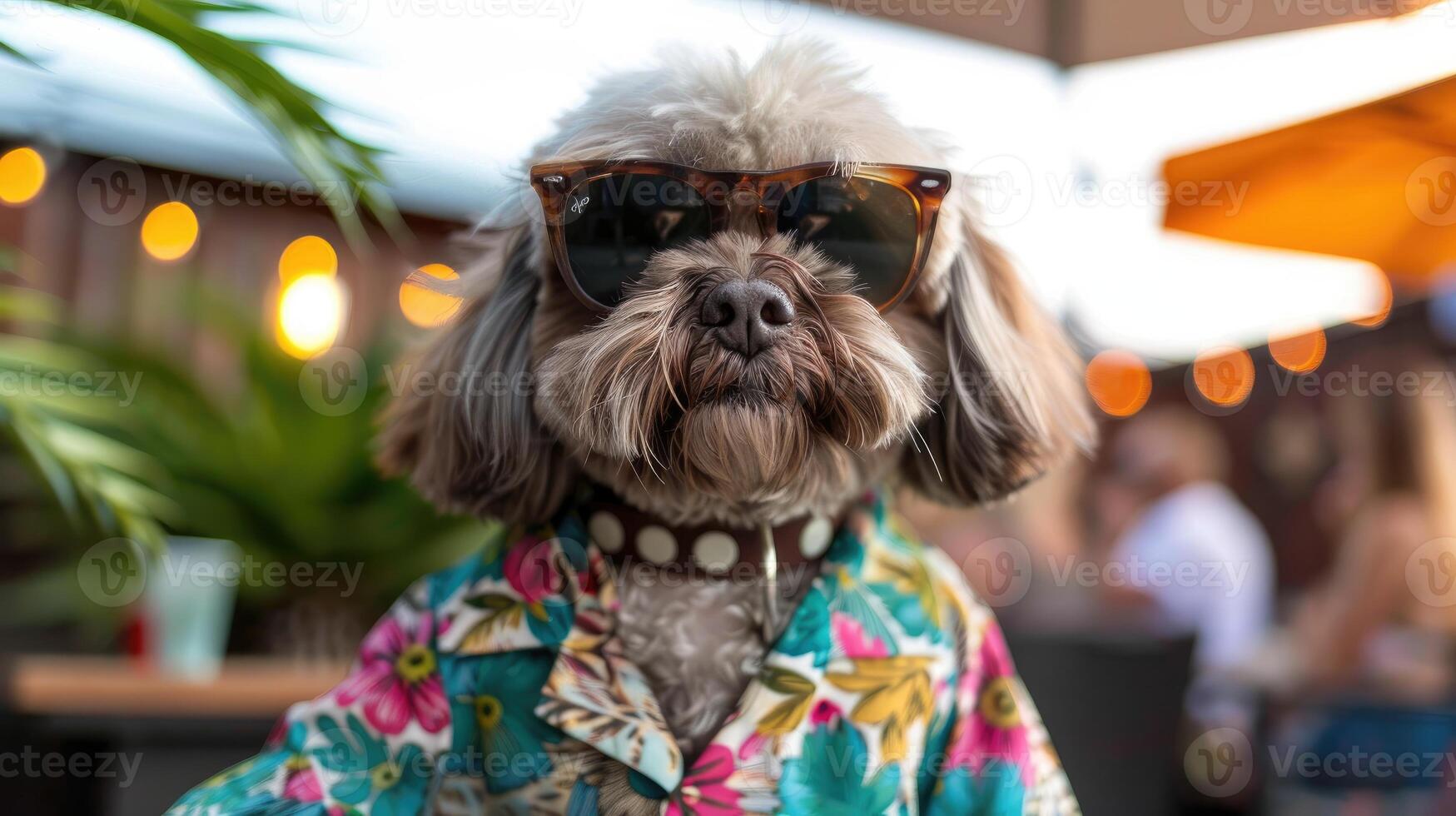 AI generated A stylish dog dons colorful clothes and sunglasses, striking a pose with irresistible charm. Ai Generated. photo