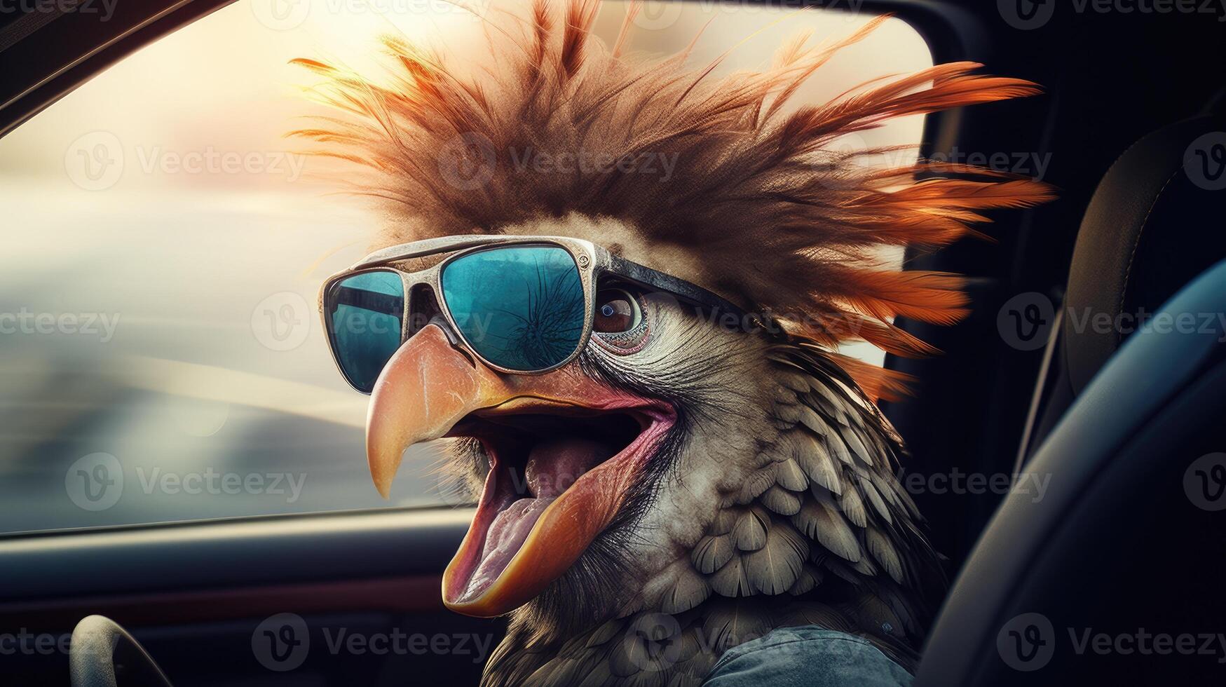 AI generated Joyful bird enjoys car ride, head out window with glasses, Ai Generated photo