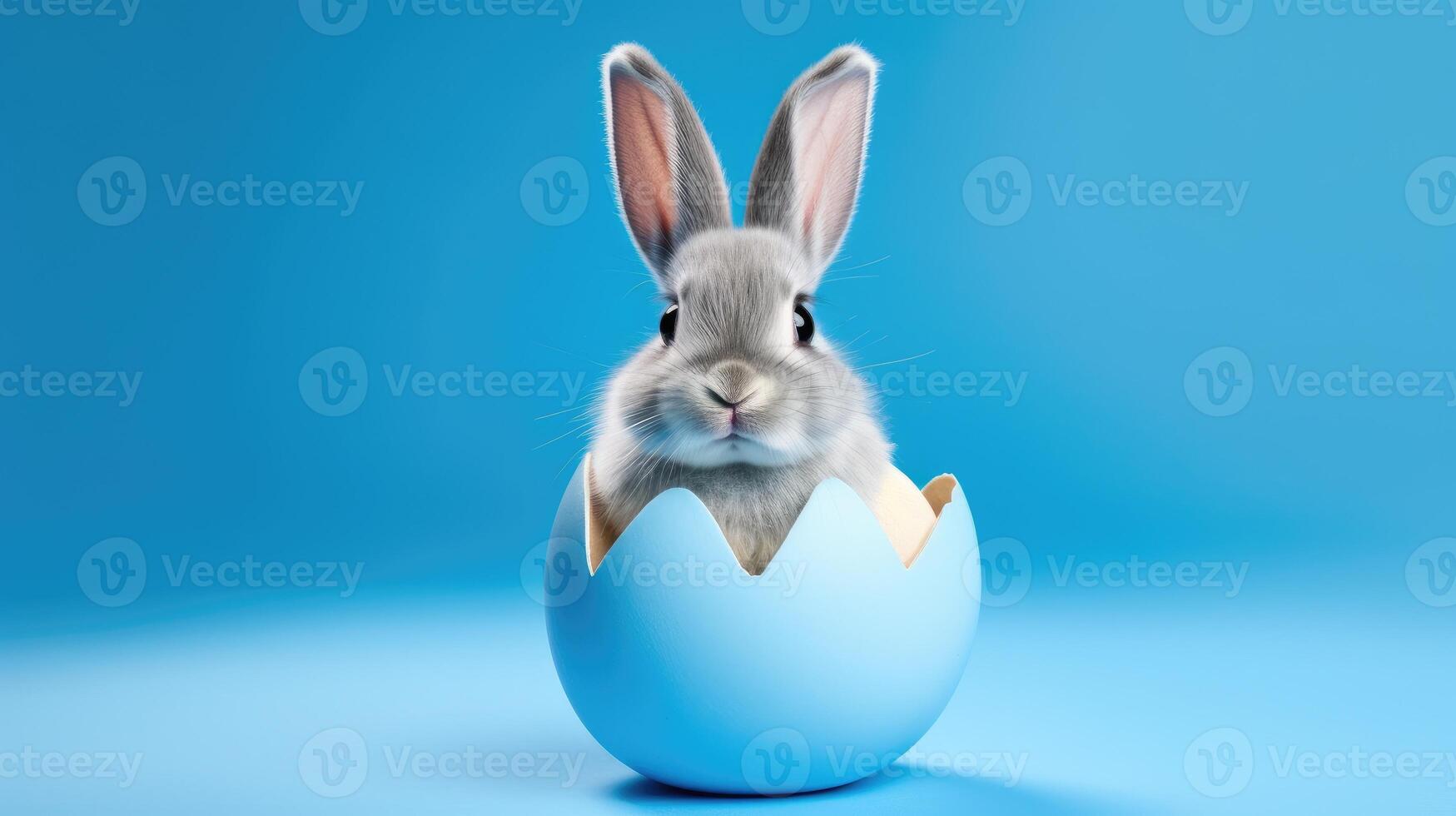 AI generated Easter bunny rabbit holding a blue painted egg against a blue background, celebrating the Easter holiday concept, Ai Generated photo