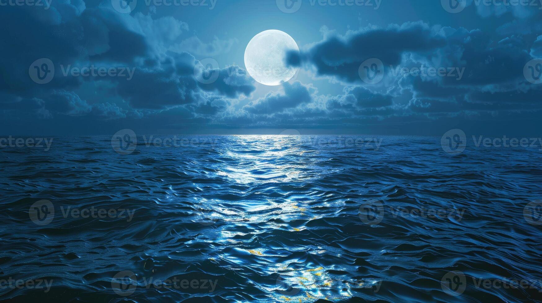 AI generated Romantic and scenic panorama featuring a full moon casting its glow on the sea, Ai Generated. photo