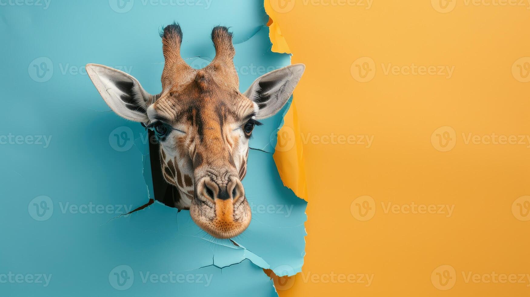 AI generated A humorous giraffe peers through a ripped hole in a contrast pastel color paper background, Ai Generated photo