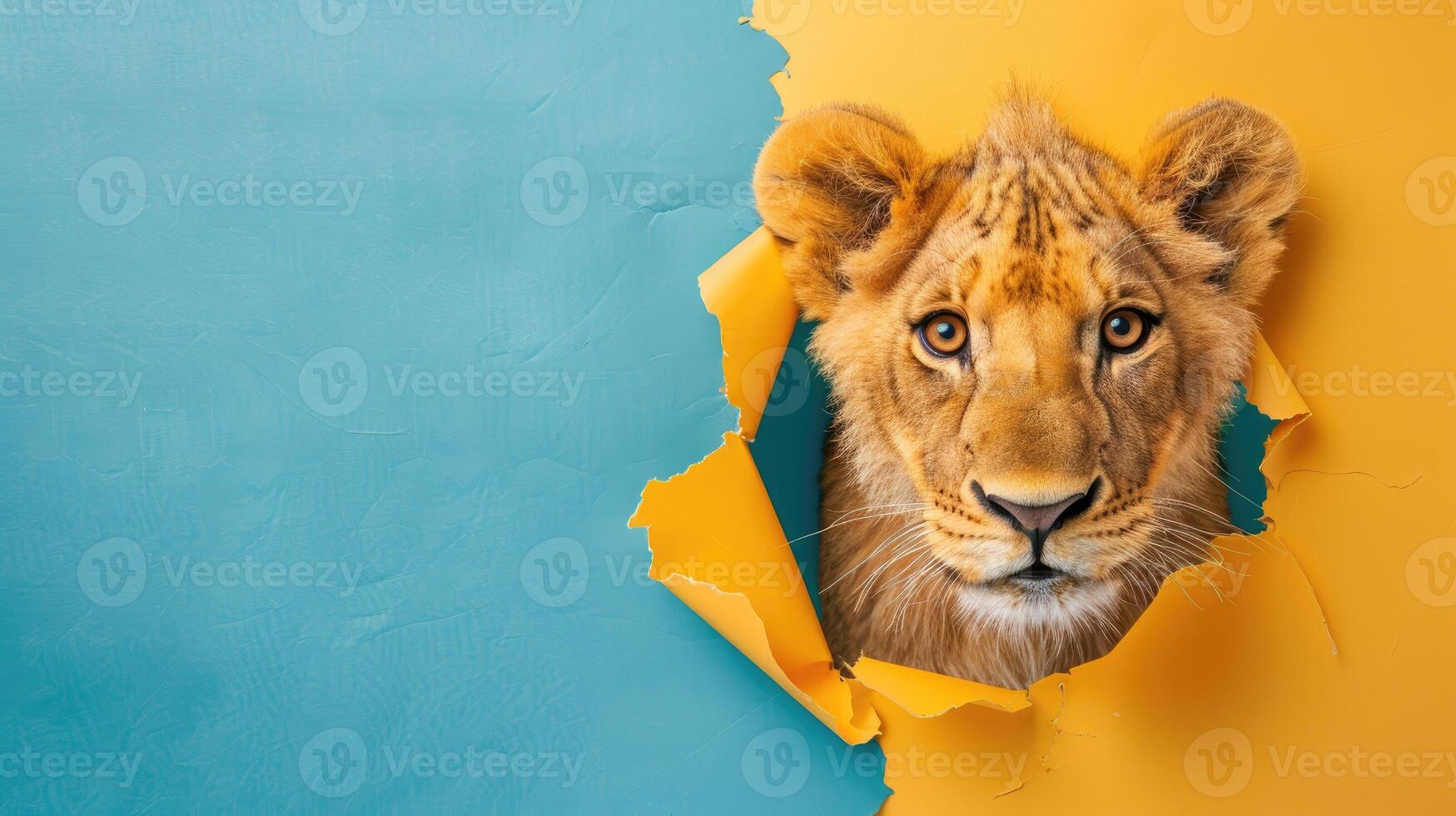 AI generated A humorous lion peers through a ripped hole in a contrast pastel color paper background, Ai Generated photo