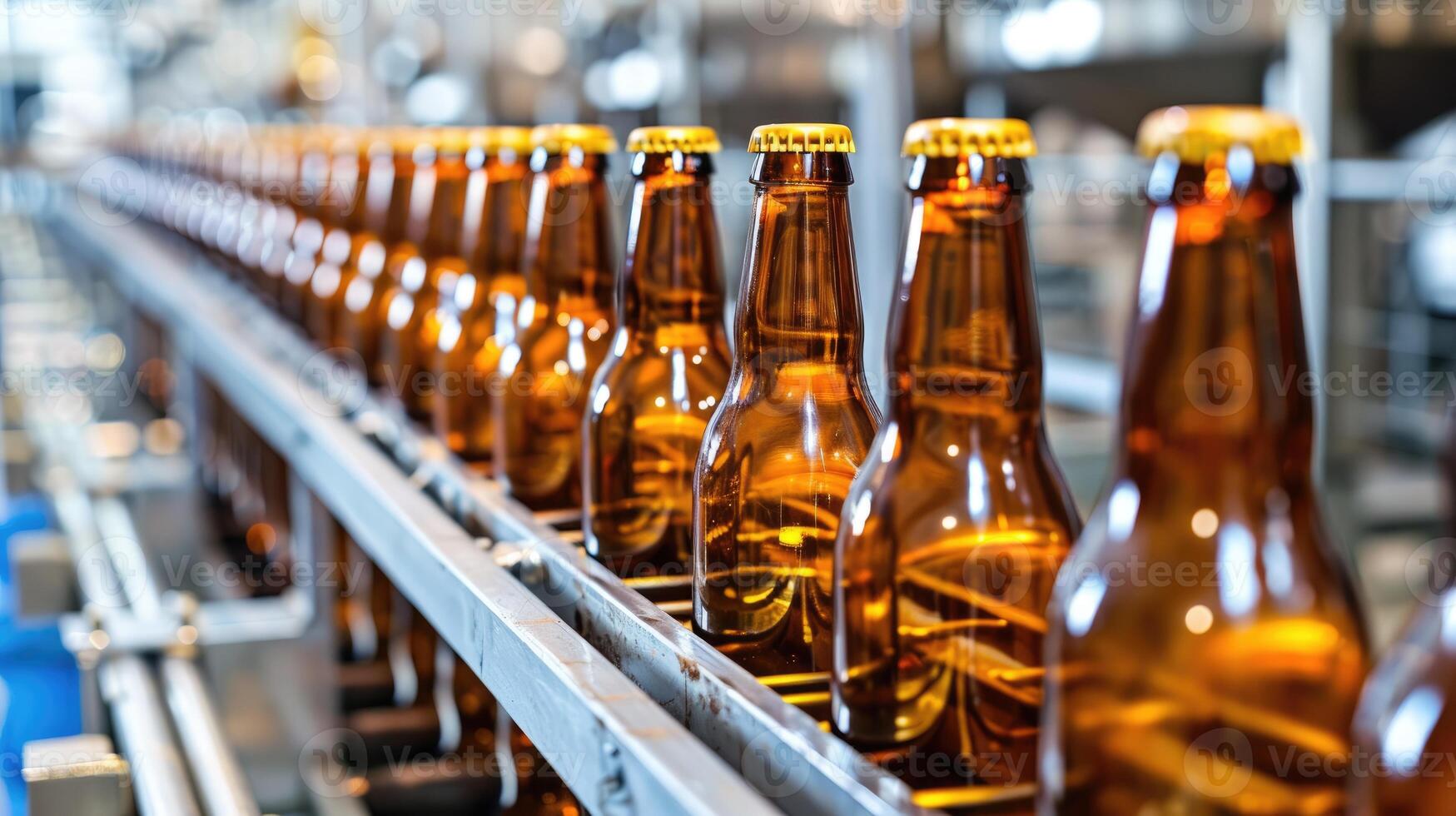 AI generated Modern beer production line showcases brown glass bottles on a conveyor in a bustling brewery. Ai Generated. photo