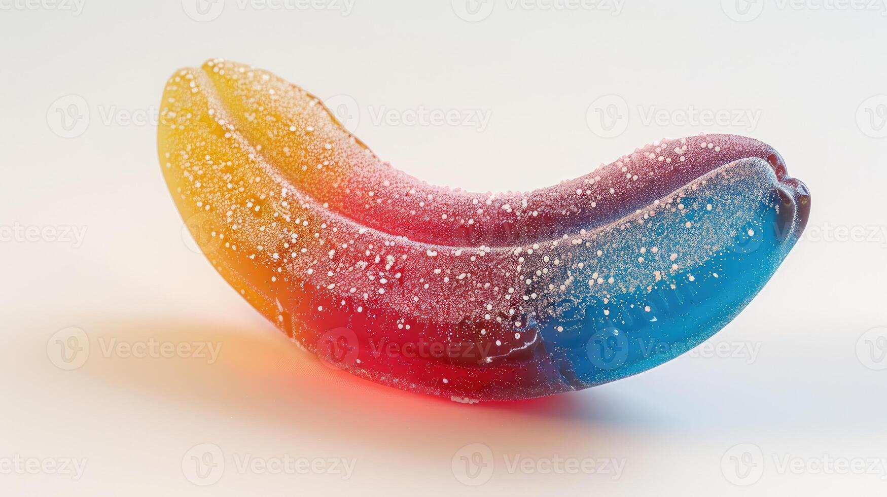 ai generado realista pegajoso caramelo conformado me gusta un banana, presentando Tres colores, elástico textura, y azúcar espolvorear, ai generado foto