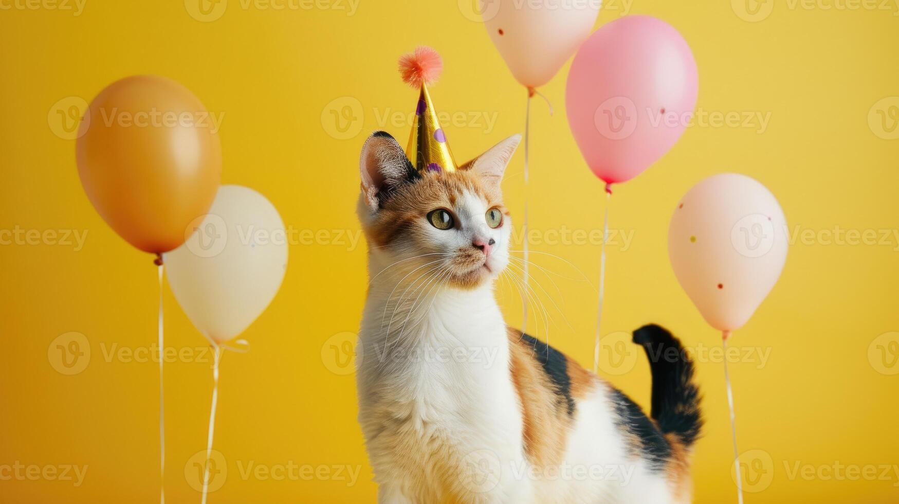 AI generated Adorable cat on a sunny yellow background, perfect for a cheerful birthday card, Ai Generated. photo