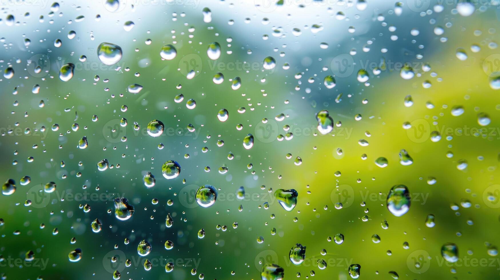 AI generated Glistening rain droplets on window glass against a blurred background, a serene scene. Ai Generated. photo