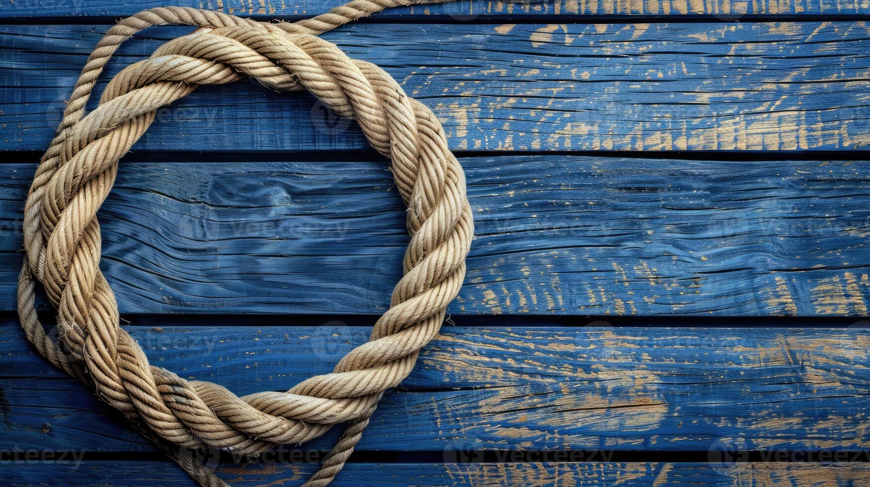 AI generated Nautical background featuring a rope shaped as a circle on a wood backdrop. Ai Generated. photo