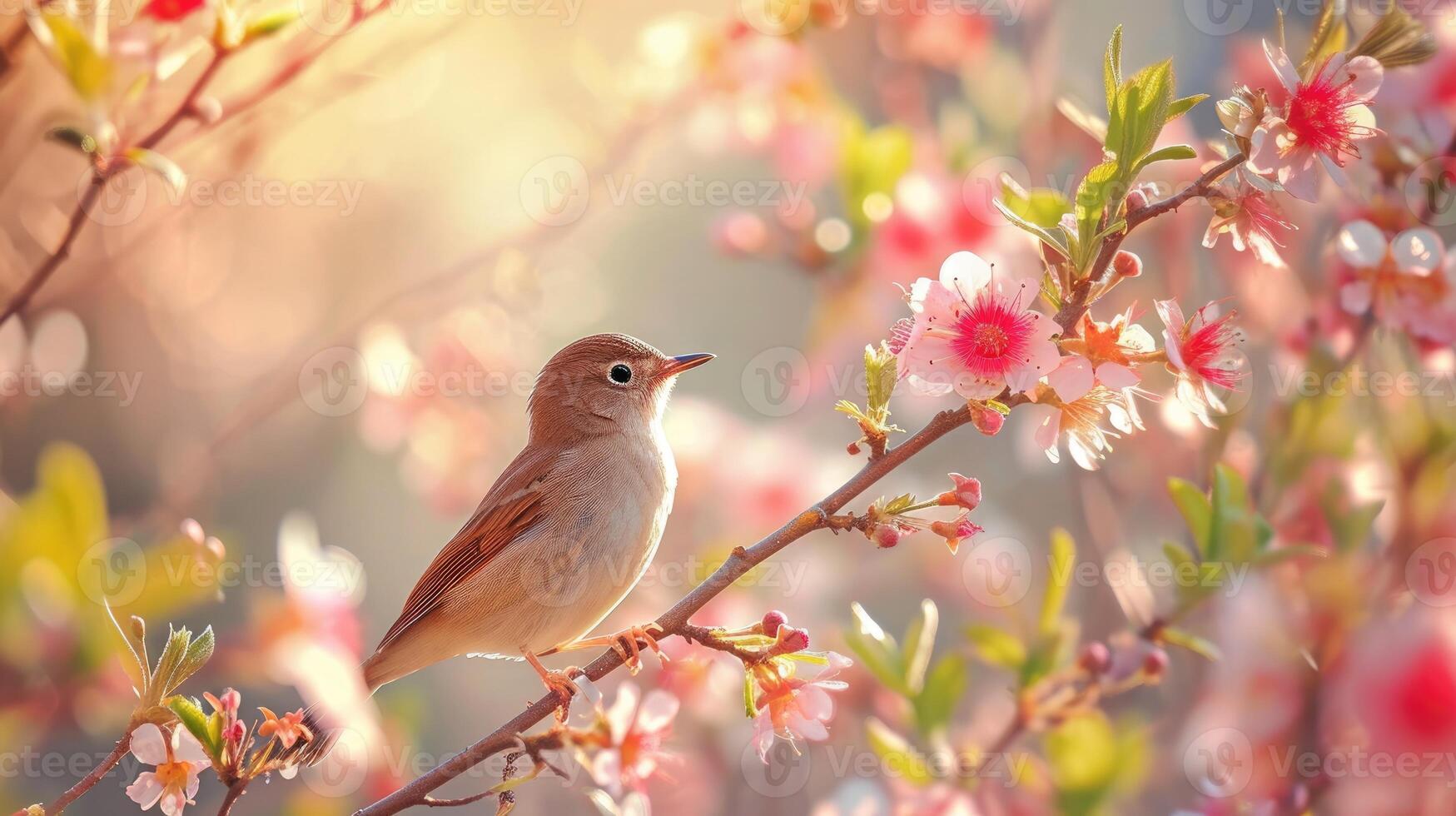 AI generated A nightingale perches on a blossoming tree, its song a melody of spring's beauty. Ai Generated. photo