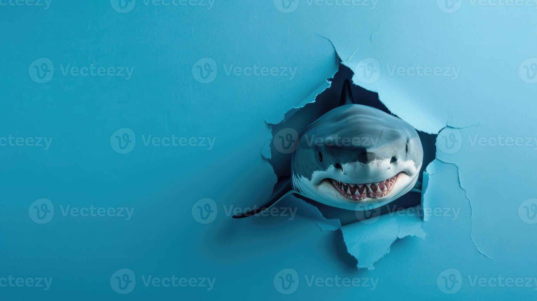 AI generated A humorous shark peers through a ripped hole in a contrast pastel color paper background, Ai Generated photo