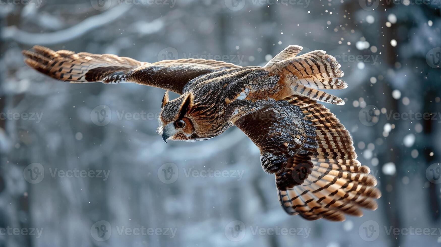 ai generado un majestuoso búho graciosamente se desliza bajo a el suelo, un impresionante visión en el invierno escena, ai generado. foto