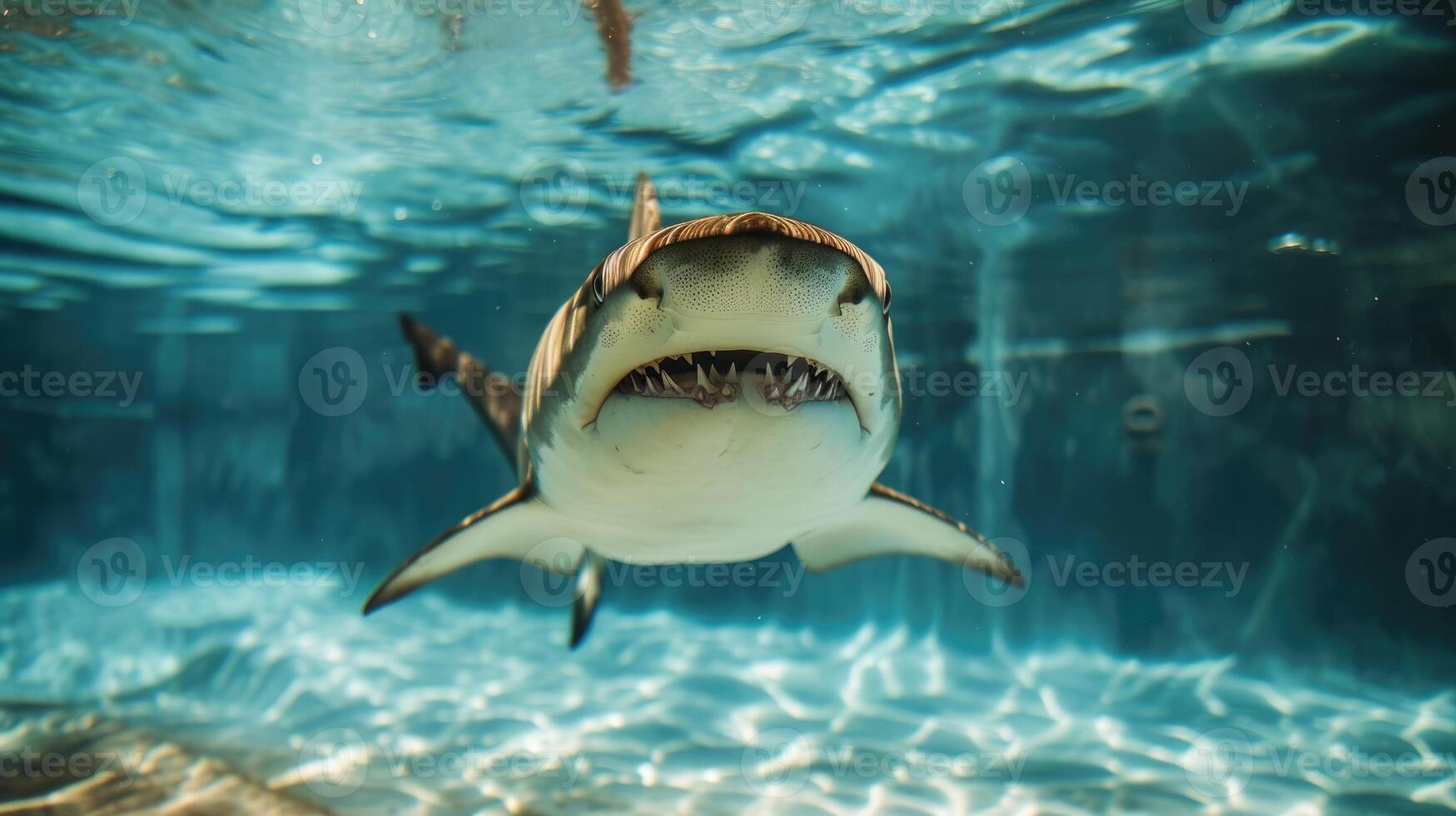 ai generado divertidísimo submarino escena tiburón en piscina obras de teatro profundo bucear acción, ai generado. foto