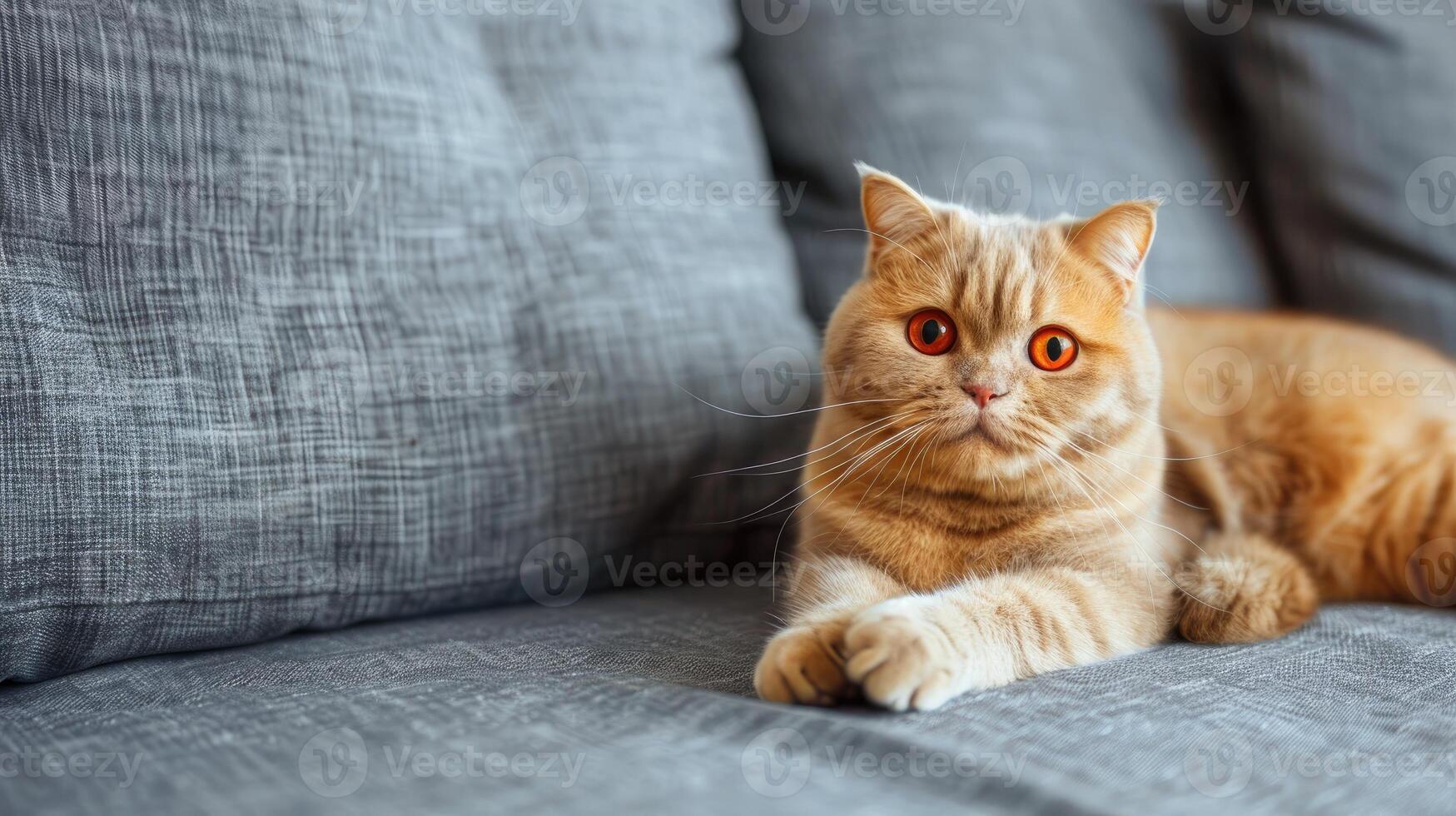 AI generated Adorable red Scottish Fold cat with orange eyes rests on a grey textile sofa at home. Ai Generated. photo