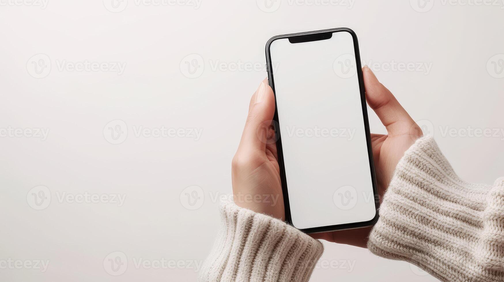 AI generated Human hand holds mobile phone mockup with blank white screen, perfect for showcasing digital designs. Ai Generated photo