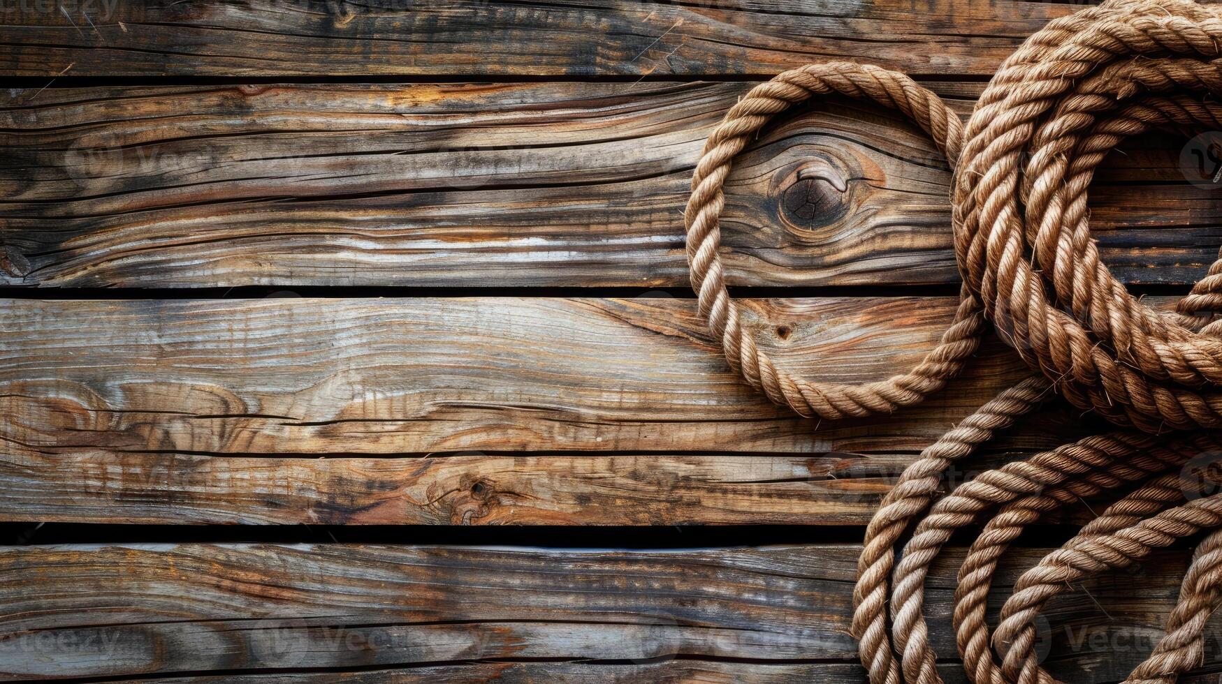 AI generated Nautical background featuring a rope shaped as a circle on a wood backdrop. Ai Generated. photo