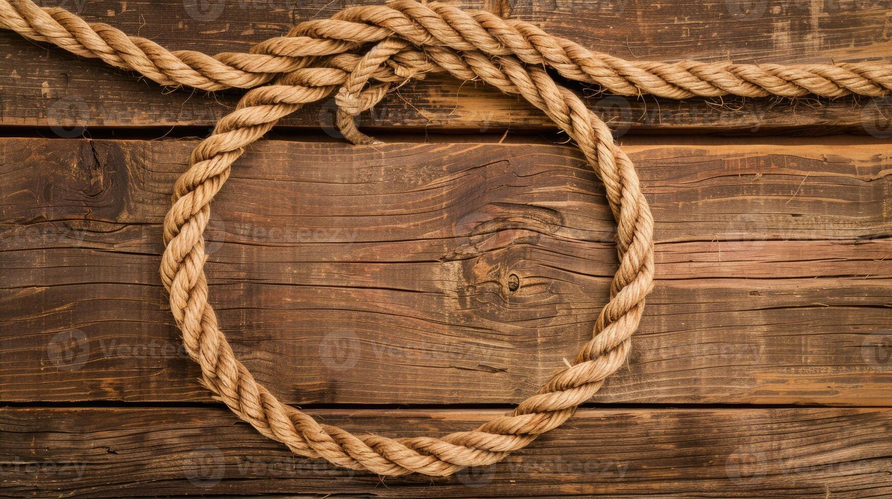 AI generated Nautical background featuring a rope shaped as a circle on a wood backdrop. Ai Generated. photo