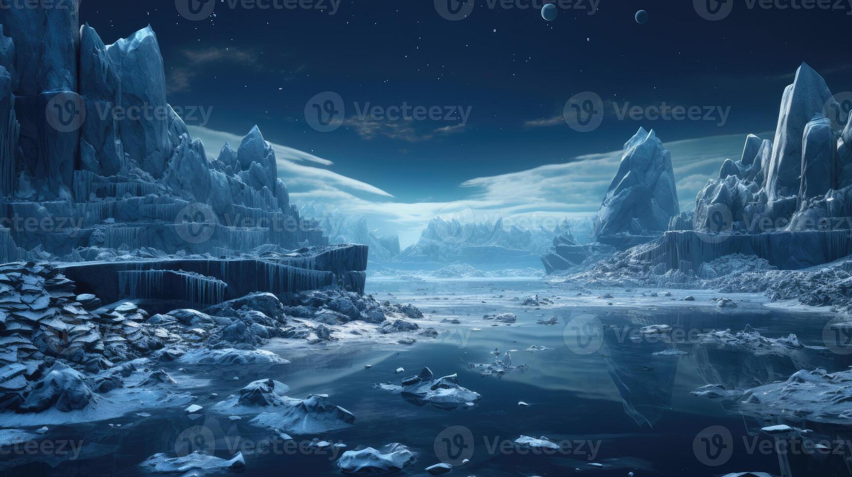 AI generated landscape adorned with majestic icebergs, Ai Generated. photo