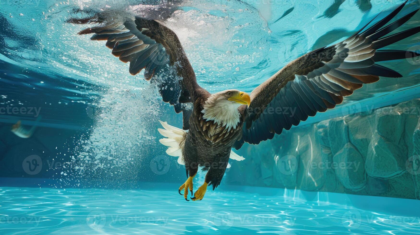 AI generated Hilarious underwater scene eagle in pool plays deep dive action, Ai Generated. photo