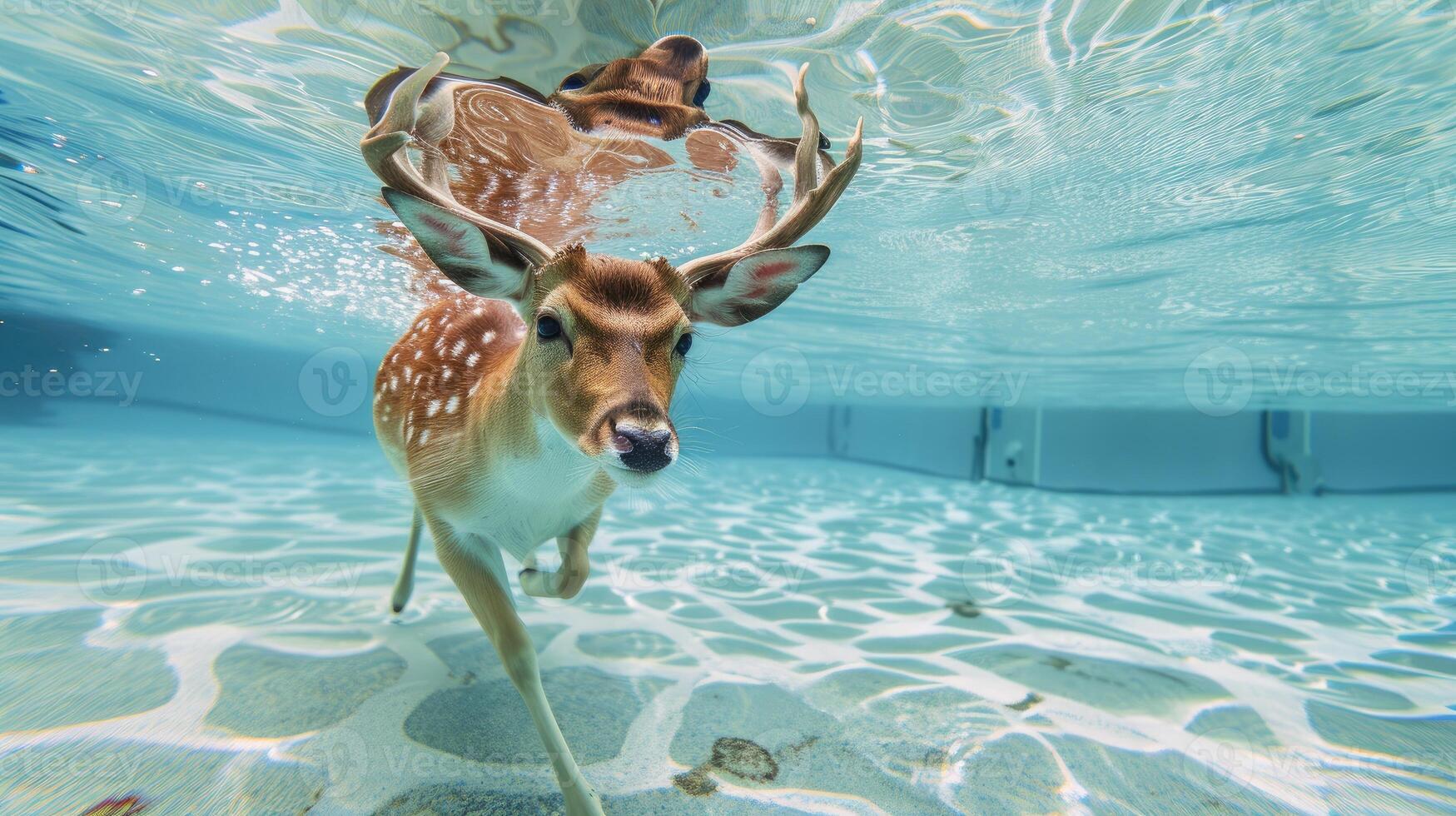 ai generado divertidísimo submarino escena ciervo en piscina obras de teatro profundo bucear acción, ai generado. foto