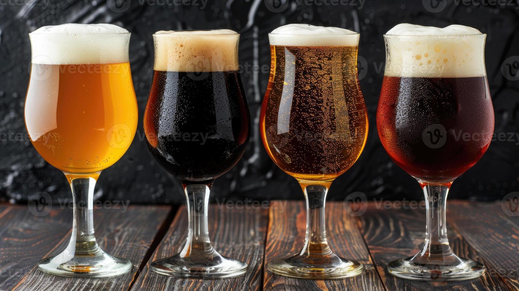 AI generated Four glasses of beer arranged on a rustic wooden background, perfect for a casual gathering. Ai Generated. photo
