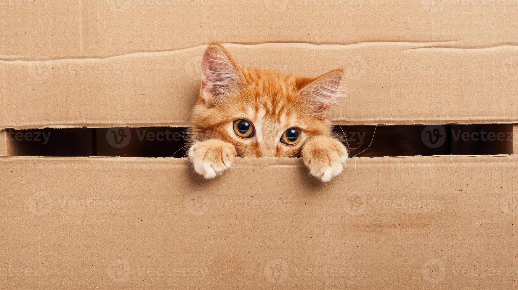 AI generated A ginger cat peeks out from a brown cardboard box, a charming feline moment, Ai Generated. photo