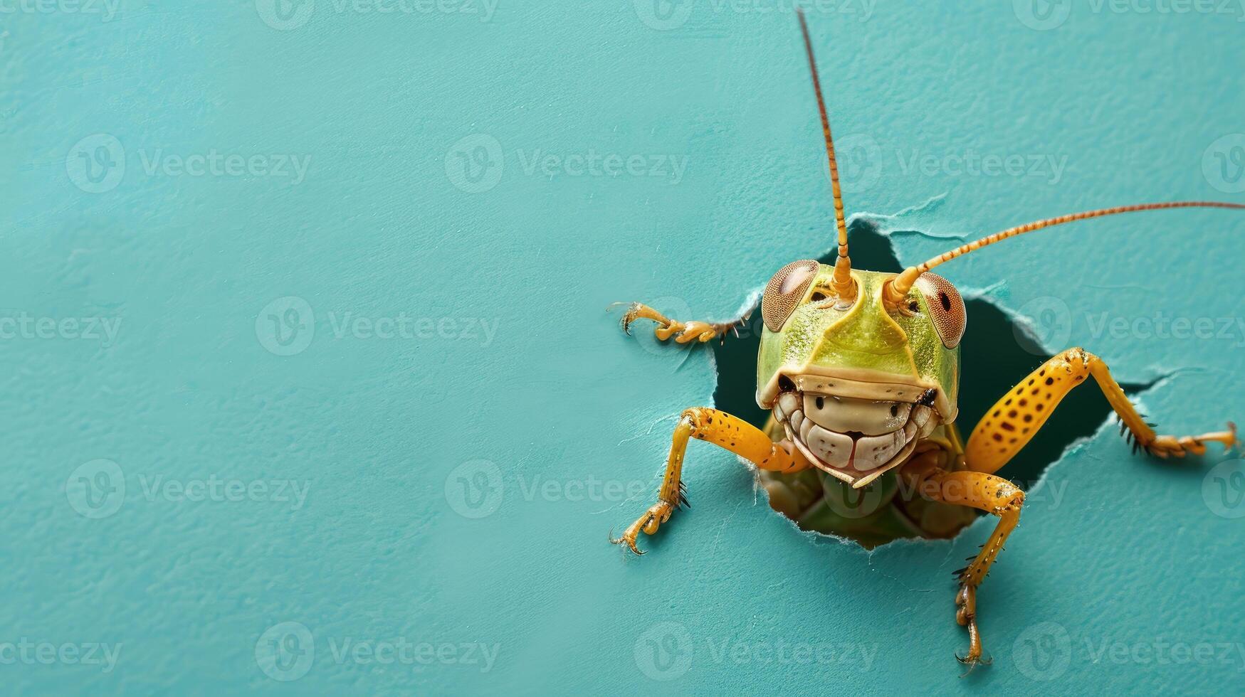 AI generated A humorous grasshopper peers through a ripped hole in a contrast pastel color paper background, Ai Generated photo