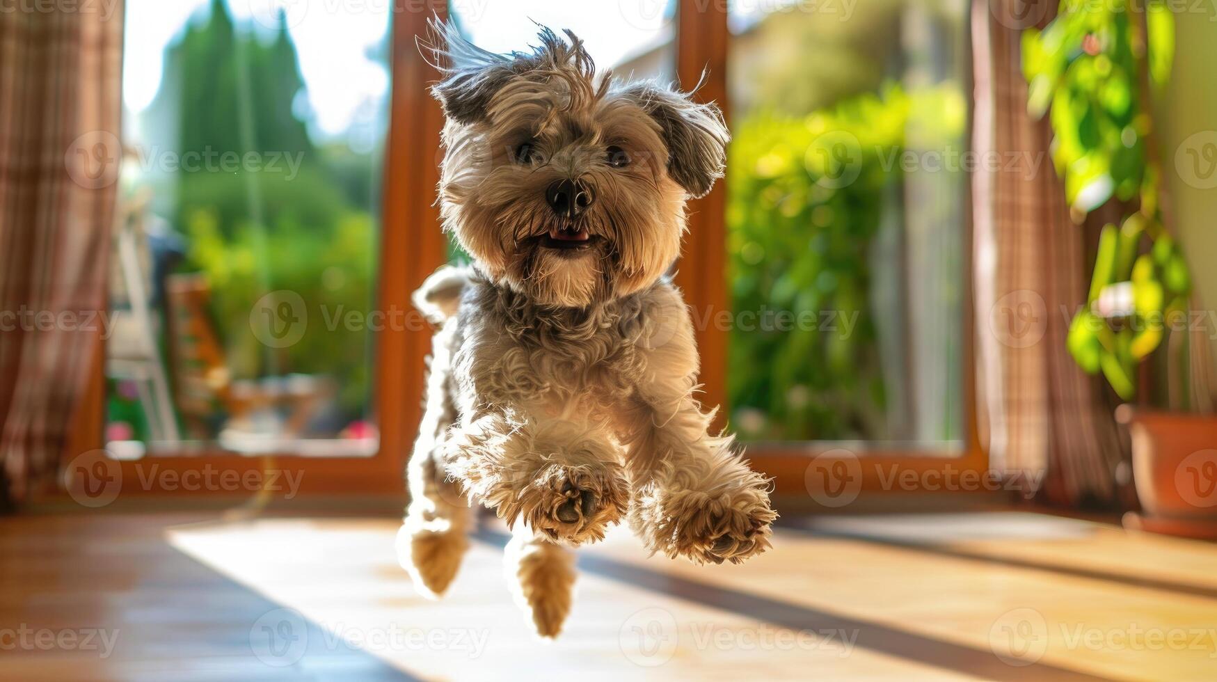 AI generated Witness the crazy antics of a funny, active dog running and jumping indoors, Ai Generated. photo