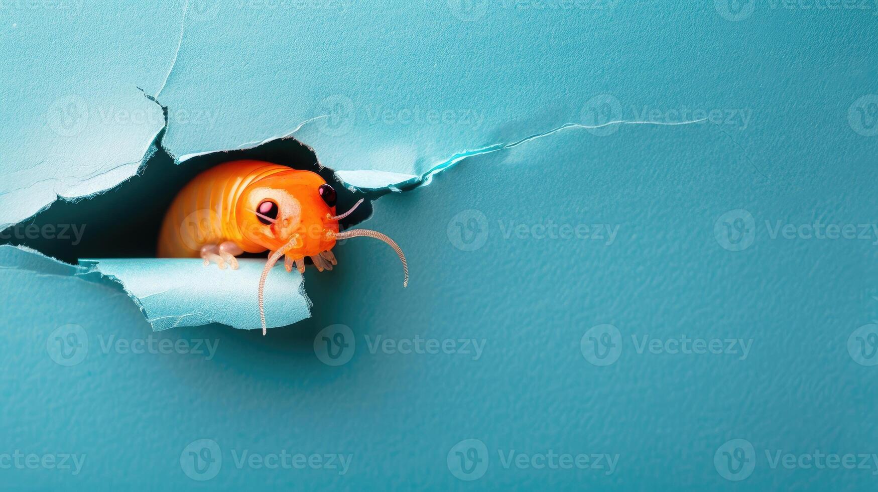 AI generated A humorous earthworm peers through a ripped hole in a contrast pastel color paper background, Ai Generated photo