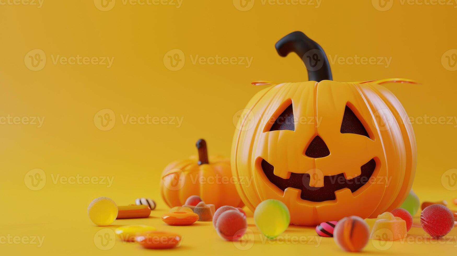 AI generated Minimalist style featuring smiling Halloween pumpkin and candies, adding festive charm, Ai Generated photo