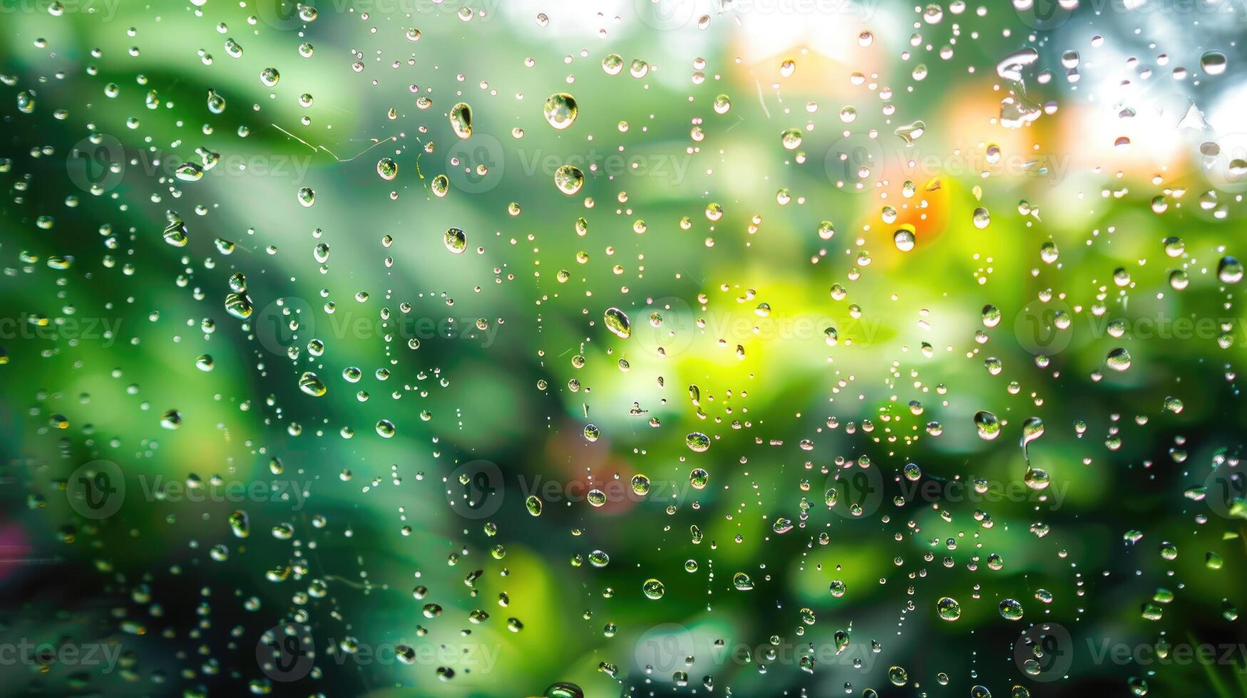 AI generated Glistening rain droplets on window glass against a blurred background, a serene scene. Ai Generated. photo