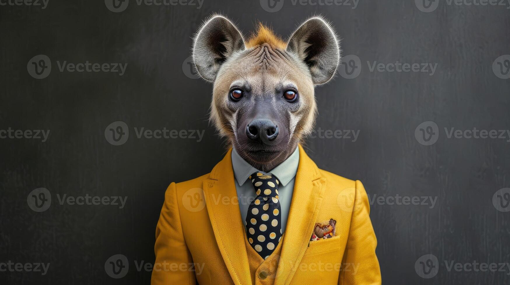 AI generated Hyena rocks modern yellow suit, polka dot tie. Ai Generated photo