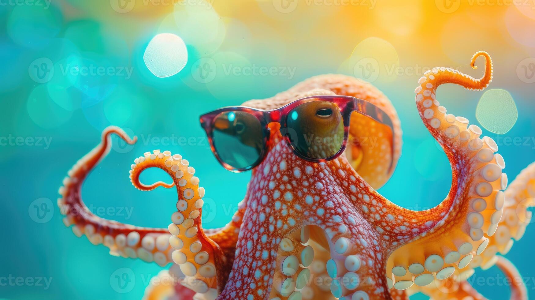AI generated A funny octopus wearing sunglasses strikes a pose in a studio with a colorful and bright background, Ai Generated photo