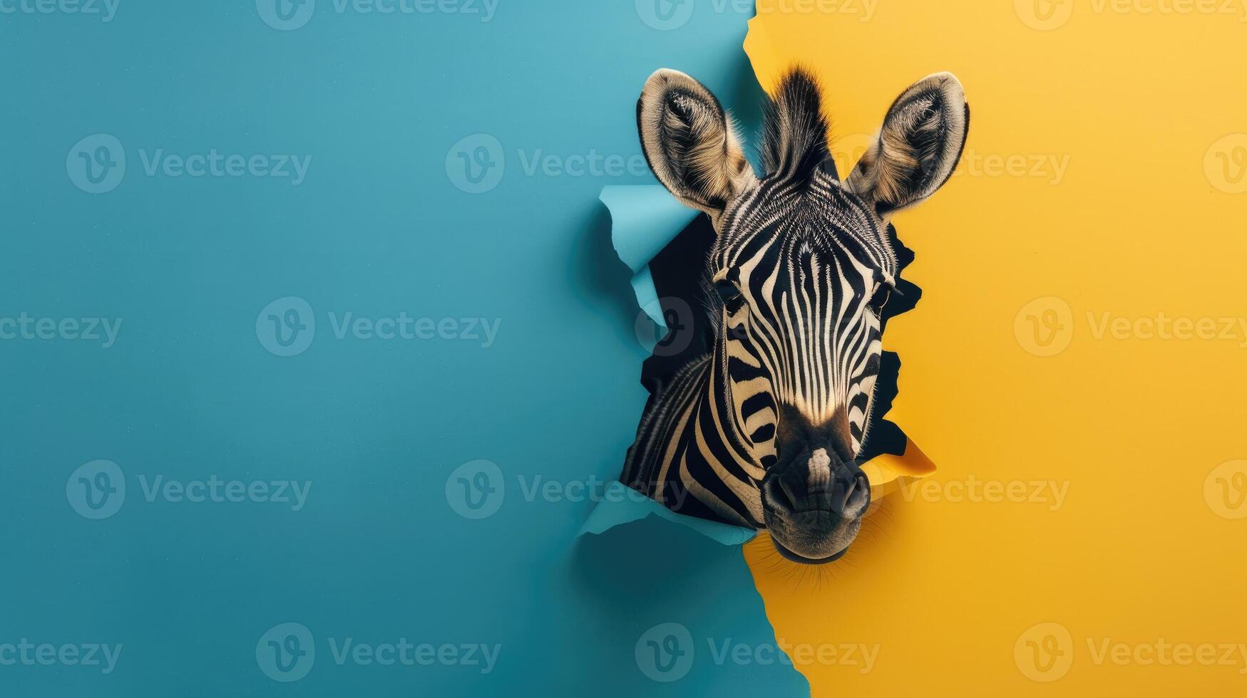 AI generated Amusing zebra peers through ripped hole against vibrant paper backdrop. Ai Generated. photo