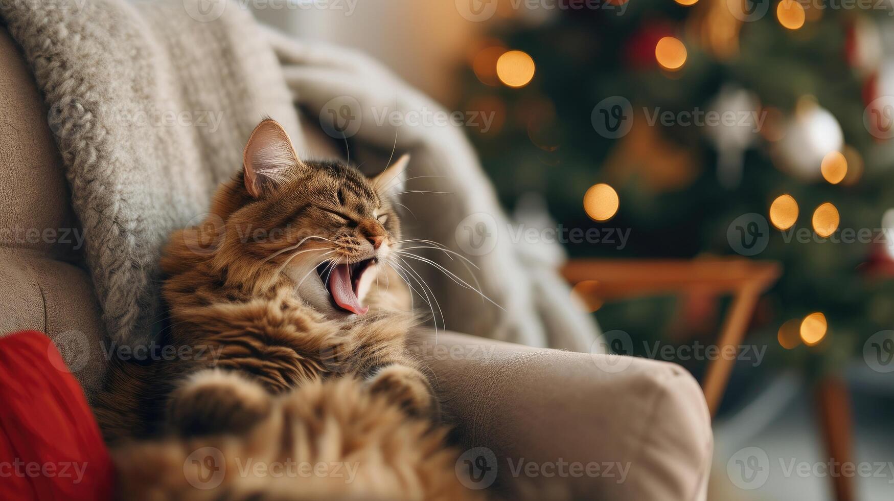 AI generated A lazy cat takes it easy, yawning and lounging in a cozy chair in the living room, Ai Generated. photo