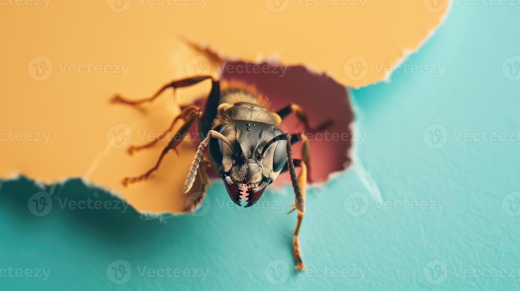 AI generated A humorous ant peers through a ripped hole in a contrast pastel color paper background, Ai Generated photo