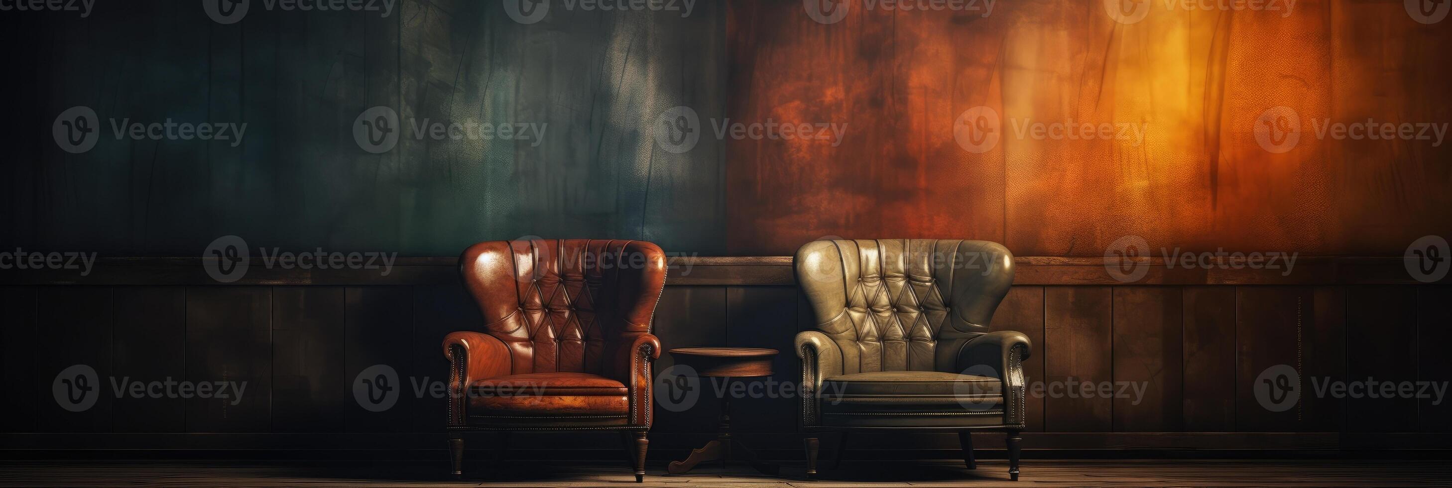 AI generated A banner featuring two chairs, a simple yet powerful symbol of shared moments and welcoming conversations. Ai Generated. photo