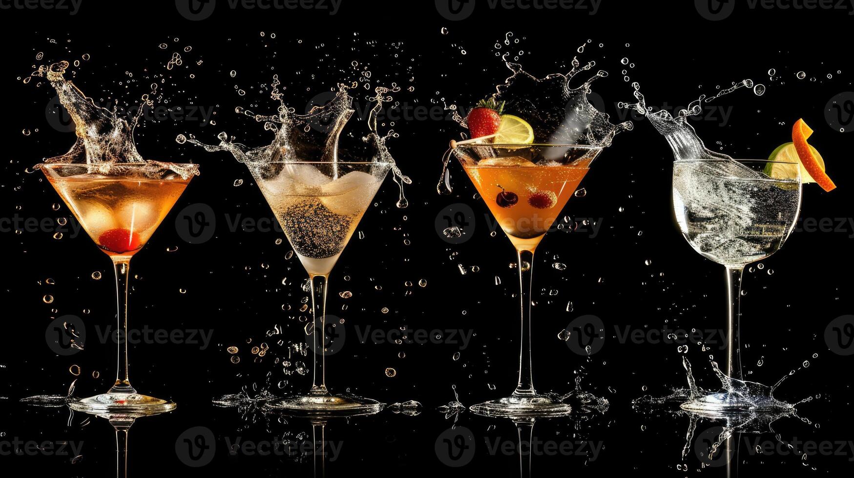 AI generated Collection of splashing cocktails isolated on a sleek black background, adding vibrancy to the scene. Ai Generated. photo