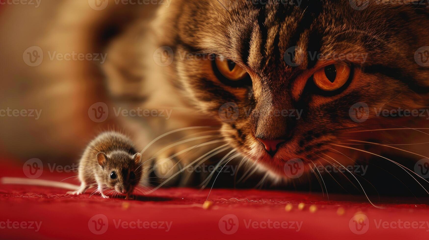 AI generated Playful cat engages with tiny gerbil mouse on table. Ai Generated. photo