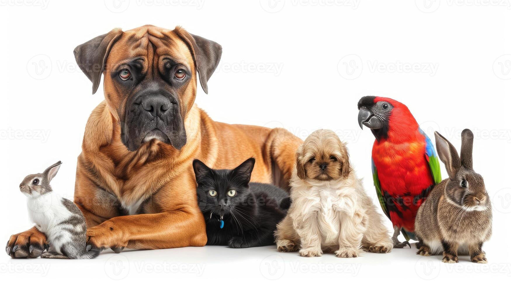 AI generated Diverse group of pets Dog, cat, bird, reptile, and rabbit, Ai Generated photo