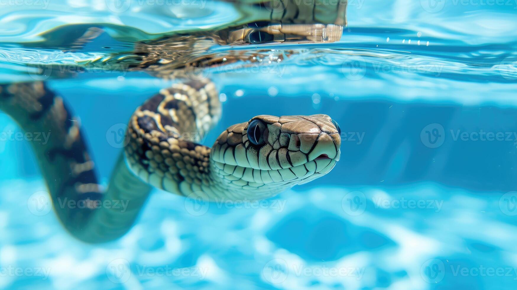 AI generated Hilarious underwater scene cobra in pool plays deep dive action, Ai Generated. photo