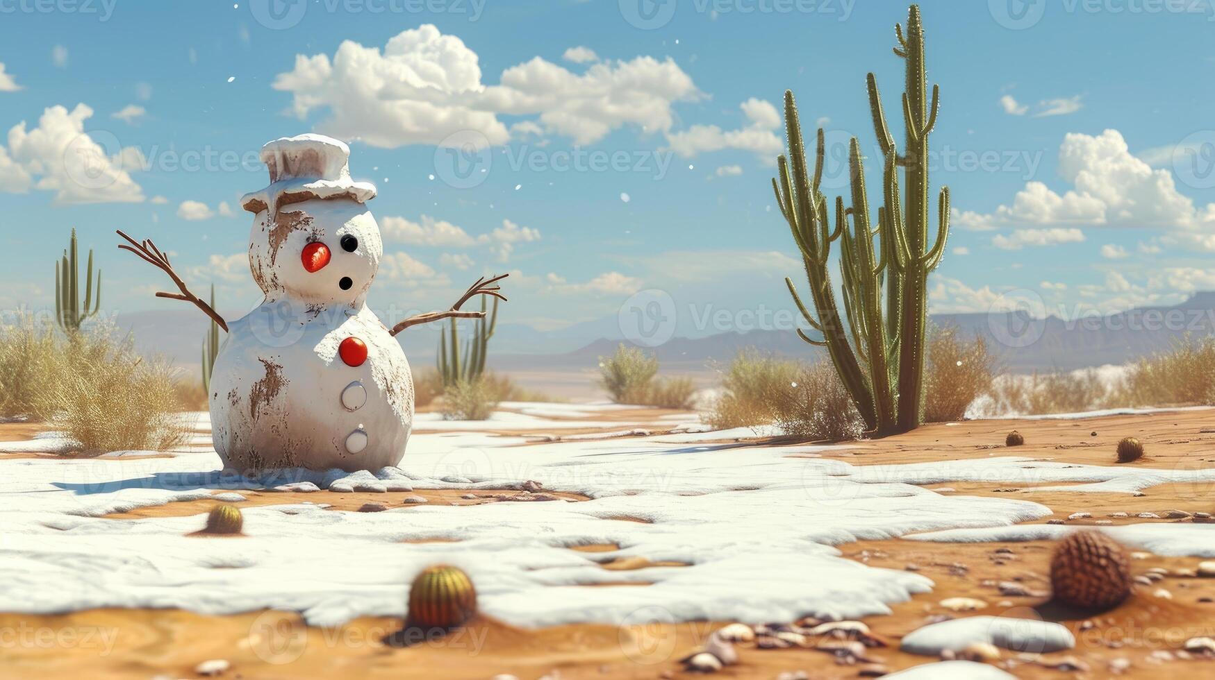 AI generated Surreal scene of a melting snowman in the desert, juxtaposing winter's end with the arid landscape. Ai Generated photo